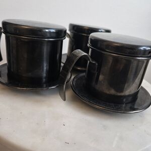 Vintage Black Metal Cups with Saucers